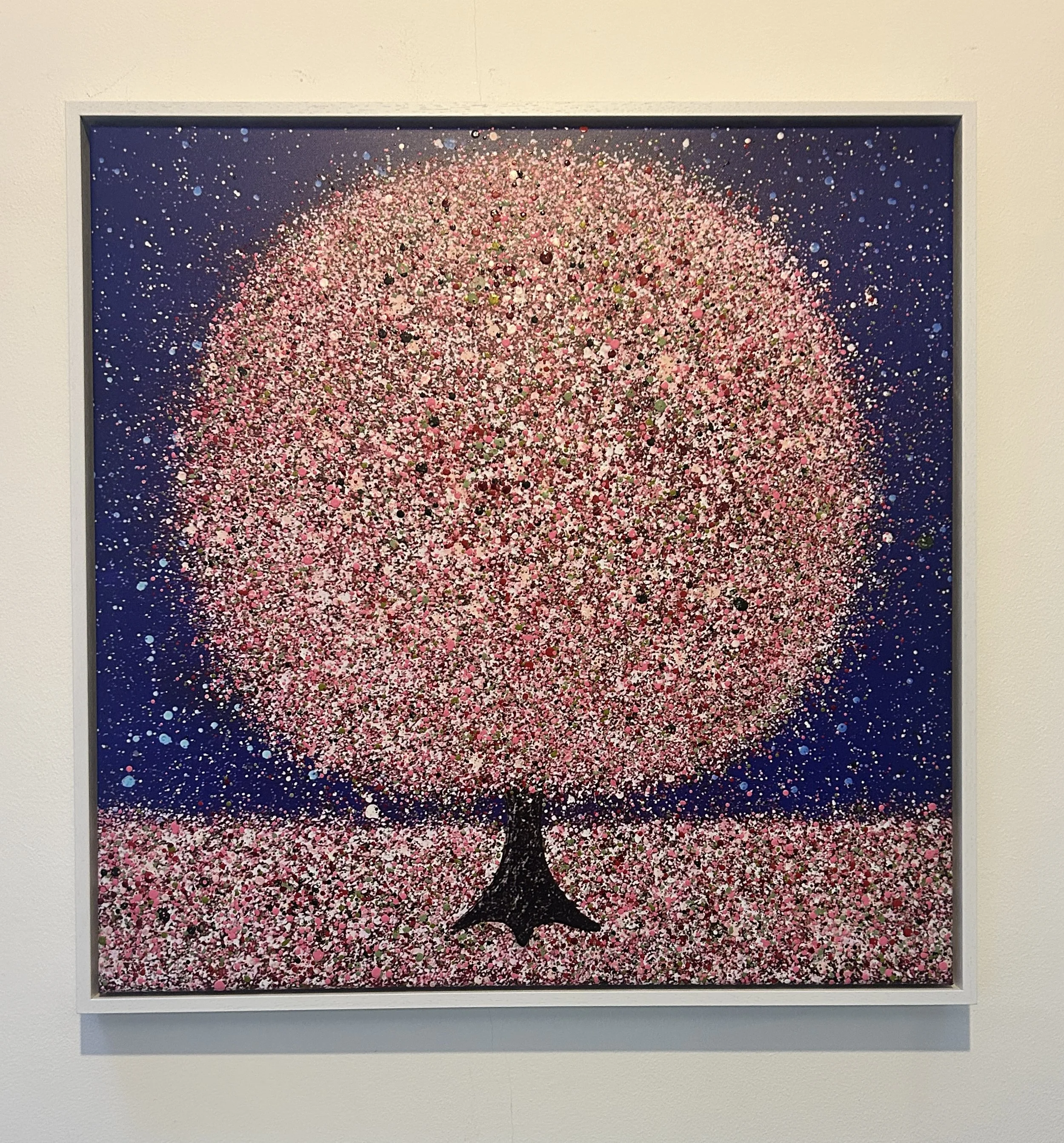 Hand embellished Cherry Blossom canvas print, 80x80cm framed in